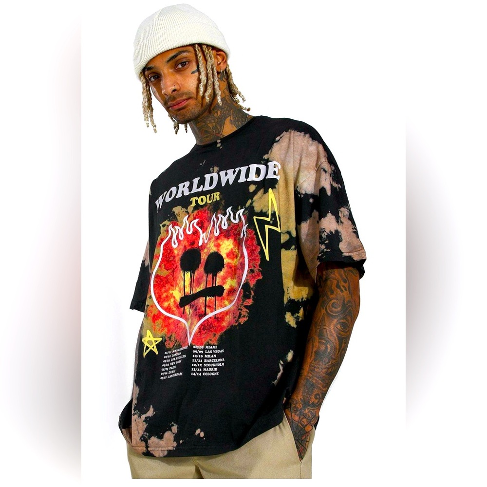 Oversized Flame Drip boohoo man Tie Dye T-Shirt Worldwide Tour Graphic SzLarge